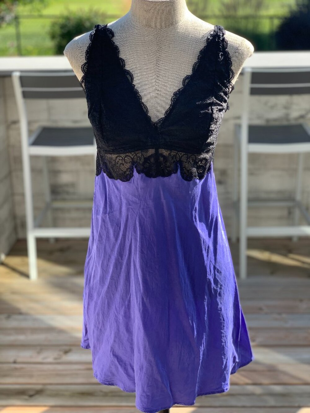 Vtg Y2K Babydoll Slip Dress L Purple Silk Black Lace Whimsigoth Boho Lingerie